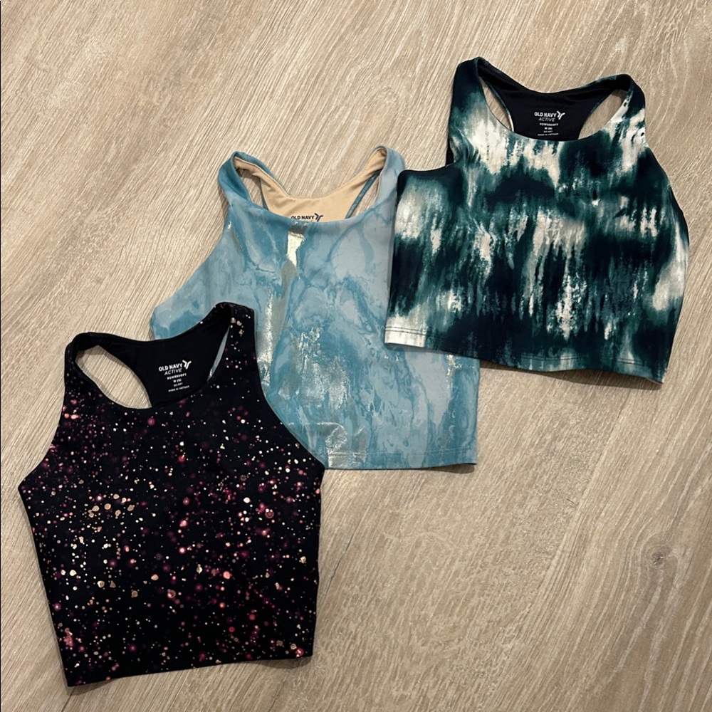 Old Navy Girls Mixed-Print Crop Tank Tops — Black, Light Blue & Teal Set